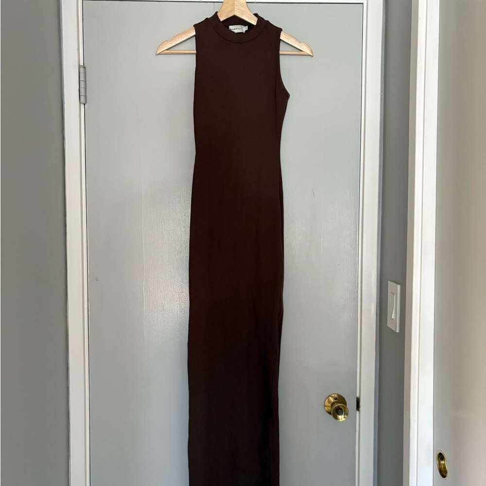 Sleeveless Brown Maxi Dress with High Neck